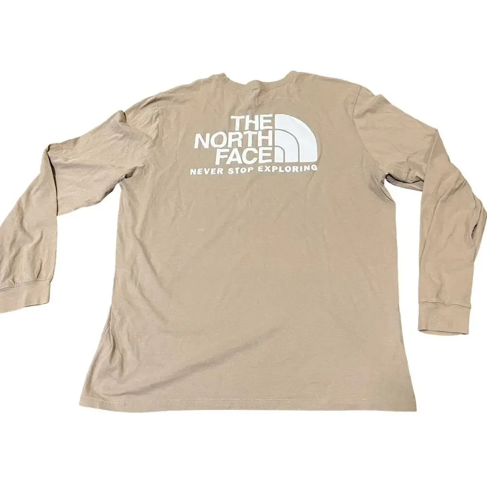 The North Face Mens XL Long Sleeve Shirt Beige Tan Logo Never Stop Exploring